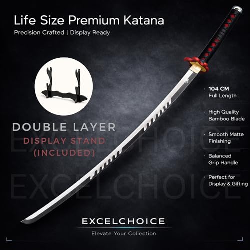 Image of EXCELCHOICE Demon Slayer Fire God Kamado Tanjiro Katana /Sword Toy 104cm Life Size - Bamboo Wood Tanjiro Kamadoo Anime Katana Rengoku X Tanjiro Silver Blade 2024 (Double Layer Stand Included)