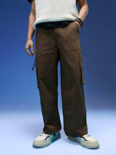 Image of Veirdo Baggy Fit with Button Closure Solid Lycra Woven Cargo Pants for Men (Colors: Beige, Black, Brown, Grey, Navy & Olive)