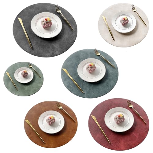 Image of UnivoColors Placemats Round Faux Leather Placemats Set of 6-Waterproof-Wipe Clean-Heat Resistant-Anti Slip Dining Table Place Mats,15 inch.(Dark Gray+Blue Grey+Green+Reddish Brown+Red+Beige)