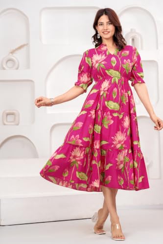 Image of Dress for Women | One Piece for Women | Long Stylish Women Dress Fit & Flare Maxi Dress, Cotton Summer Calf Length Dress