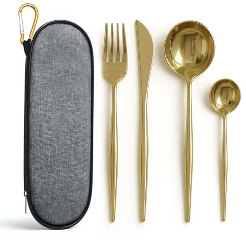 Eidsefe Travel Cutlery Set with Case, 4-Piece Reusable Stainless Steel Flatware Set Including Fork, Knife, Spoon, Portable Camping Cutlery Ideal for School, Work, Picnic, Travel & Lunchbox (Gold)