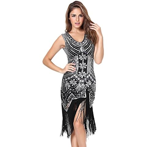 Women's 1920s Style Beaded Deco Flapper Dress Vintage Inspired Sequin Embellished Fringe Gatsby Dress(Black L) Cover