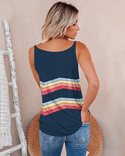 Etcyy Womens Summer Tops Sleeveless Tank Tops V Neck Striped Fashion Zipper Strappy Tank Tops Shirts Rainbow Blue #TOP1