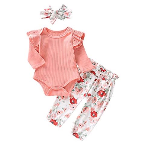 suomate 3Pcs Newborn Infant Baby Girl Clothes Long Sleeve Ruffle Romper Floral Pants Headband Outfit Clothes (pink, 6-12months) Cover