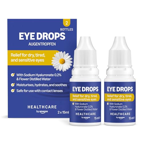 Healthcare by Amazon Colirio ocular con hialuronato de sodio al 0.2 % y agua destilada floral, 15 ml (Paquete de 2) (Anteriormente una Marca de Amazon Basic Care, el Mismo Producto)
