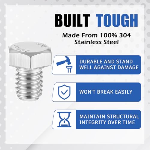 Image of Zonon 50 Pcs 3 /8-16 x 1 /2 inch Hex Head Screw Bolt 18-8 (304) Stainless Steel Hexagon Bolts, Fully Threaded, Plain Finish, External Hex Drive (Silver)