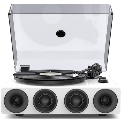 1 by ONE Record Player with Speakers, High Fidelity Vinyl Turntable with TI DSP, Magnetic Cartridge AT-3600L, Built-in Preamp, Adjustable Counterweight, 2-Speed Belt Drive, Modern White