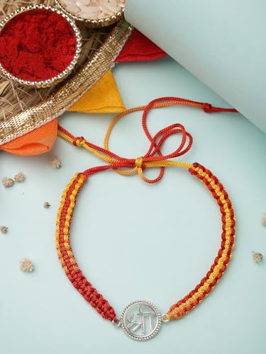 Image of Sukkhi Rakhi 925 Sterling Silver Radha-Krishna Idol Rakhi Bracelet for Men with Roli Chawal & Free Greeting Card with Certificate of Authenticity | 925 Silver Rakhi for Brother