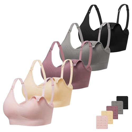 Angelhood Ribbed Nursing Bra Wireless V Neck Maternity Nursing Bra Low Cut Bralette Sleeping Breastfeeding with Extenders