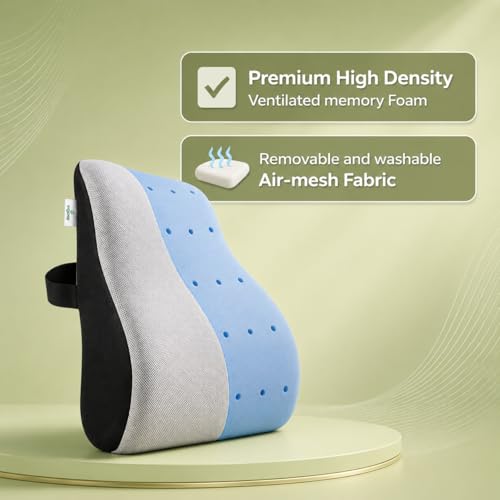 Image of Memory Foam Lumbar Back Support Cushion for Office Chair & Car Seat | Ergonomic Lower Back Pillow for Posture Support & Sitting Comfort | Breathable Cover | 1 Year Warranty (Grey)