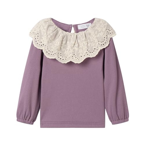 Image of LittleSpring Girls Ribbed Knit Long Sleeve Tshirt with Lace Ruffle Collar
