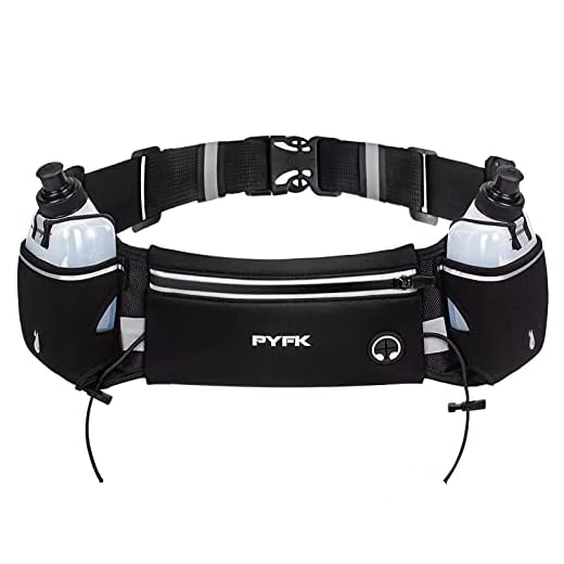 PYFK Upgraded Running Belt with Water Bottles, Hydration for Men and Women, Bottle Holder Pouch Belt, Fanny Pack Fits 7 inches Phones, Waist pack Runner Jogging (Black)