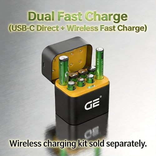Image of GE AA rechargeable batteries (Lithium 1.5V - 2500 mWh) - in 2025 | Fast Charge (Direct USB‑C + Wireless) | pack of 4 batteries | 10 years of life and 1,500+ recharges