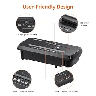 Amazon Basics 8-Sheet Strip Cut Portable Paper, CD, and Credit Card Shredder with Auto-Off, Overheat Protection, Compact Design, No Basket, Extendable Arm, Black