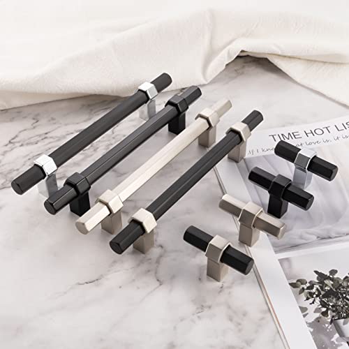 Askano Pack Of 5, 3 Inch, Black Hexagon Bar & Chrome Square Foot Kitchen Cabinet Pull Handle Ap1310 | Solid Hardware For Drawer, Dresser, Bathroom, Vanity, Furniture Door, Cupboard, Hole Centers: 3" #TOP4