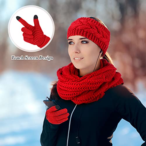 12 Pieces Of Women's Cold Weather Sets, Including 4 Winter Touchscreen Gloves 4 Winter Knit Crochet Turban Headband 4 Thick Ribbed Knit Winter Infinity Circle Loop Scarf For Women Girls, 4 Colors #TOP3