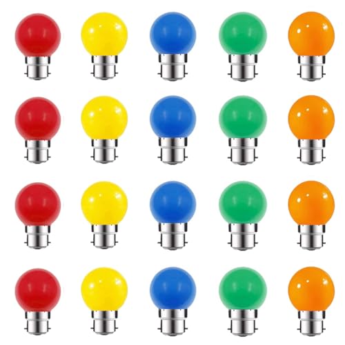 Image of ZFQ B22 Bayonet Colored LED Light Bulbs 2W G45 Golf Ball Mini Globe Bulbs for Outdoor String Patio Garden Party Christmas, Halloween Wedding Party Decoration, 20 Packs, Red Yellow Blue Green Orange