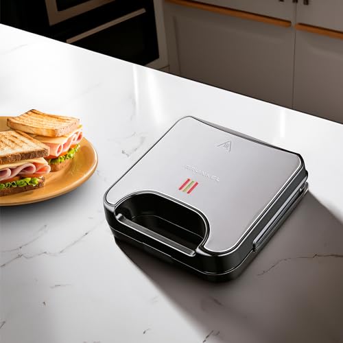 Miniatura 6 de Grunkel - Sandwichera Con Placas Intercambiables 2 Sandwiches Con Corte, Grill Y 2 Gofres . Superficie Antideslizante Y Antiadherente De 850w De Potencia Y Tacto Frío. Color Acero Inoxidable.