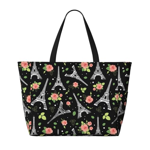 Wedding Roses Flowers Black Paris Eiffel Tower Beach Bag Women Tote Bag Pool Bag With Zipper For Gym Grocery Travel With Wet Pocket2