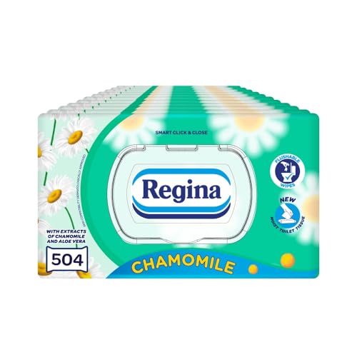 Regina Moist Toilet Tissue Chamomile – 12 Pack, Each with 42 Flushable Wet Wipes – Gently Nourishing with Soothing Chamomile and Aloe Vera Extract – Vegan and Dermatologically Tested – FSC Certified