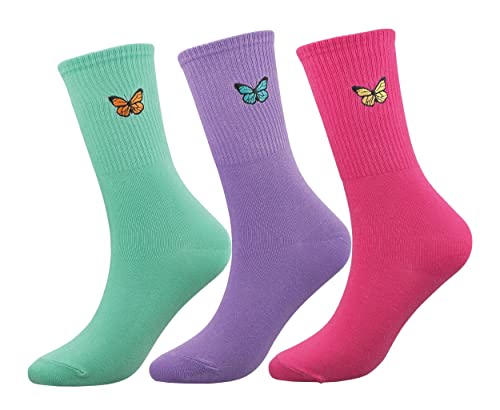 Image of Womens Calf Socks Embroidery Crew Socks Casual Dress Socks Cute Butterfly Socks For Girls 3 Pairs
