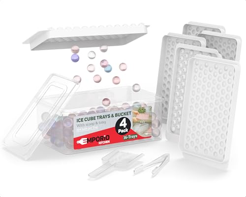 Emporio Kitchen Round Ice Cube Tray Set Pack of 4, BPA-Free Stackable Trays with Lid & Tongs, 104 Ice Balls Per Tray for Whiskey, Drinks, and Cocktails, Quick Release Round Ice Cube Mold, White