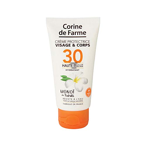 Corine de Farme | Crème Protectrice SPF30 Haute Protection UVA-UVB | Soin Solaire Visage et Corps Sans Paraben | Résistant à l’eau | Monoï de Tahiti | Format Pocket 50 ml