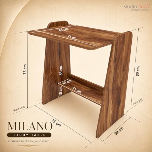 Image of Studio Kook Milano Study Table, Engineered Wood, Modern Computer Desk with Storage Shelf, 80cm Height x 75cm Width, Engineered Wood, Matte Finish, DIY (DO IT Yourself) Assembly (Amber Walnut)