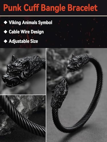 FaithHeart Viking Cuff Bracelets for Men, Silver/Black Stainless Steel Bangle Bracelet Norse Mythology Amulet Talisman Jewelry, Gift Box4