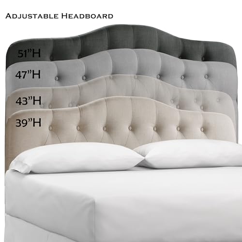 Rosevera Mallory Mid-Century Modern Upholstered Fabric Headboard,Diamond Tufted,Adjustable Height, Solid Wood Leg, Linen Fabric Padded Headboard,Queen,Beige