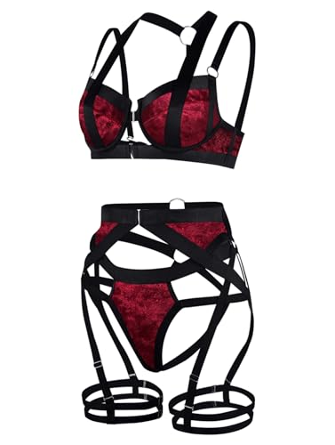 Foto de Lilosy - Conjunto de lencería sensual para mujer, liguero con arnés, bragas y brasier con varillas y tirantes delgados, 3 piezas (imagen 6)