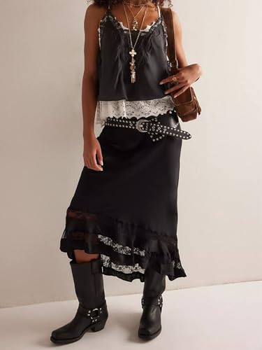 Women Ruffle Lace Trim Satin Maxi Skirt Elastic Waistband High Rise Half Slip Silky Fishtail Party Long Skirt3