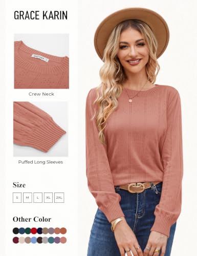 Image of GRACE KARIN Fall Sweaters for Women 2026 Puff Long Sleeve Crewneck Dressy Casual Tops Crochet Hollow Out Cute Pullover Blouse