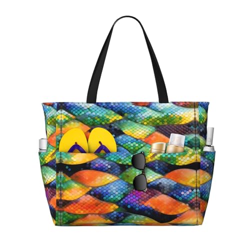 Rainbow Fish Scale Large capacity beach bag with zipper, perfect for grocery bag pool gym travel shopping foldable beach travel bag,