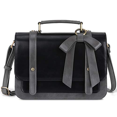 ECOSUSI Sac Bandoulière pour Femme Sac Porté Epaule Vintage Femmec Sac Cartable Femme avec Un Noeud Détachable,Noir,S