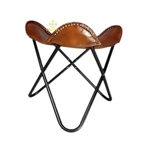 Brown leather butterfly chair stoolhandmade leather ottomaniron frame furniture stoolliving room comfortable footrest foot stool lounge office stool  urban country home decor