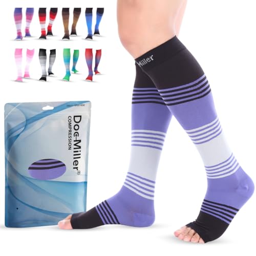Image of Doc Miller Open Toe Compression Socks for Women & Men - 20-30 mmHg Knee High Compression Socks for Swelling, Varicose Veins, Travel & Nurses - Toeless Wide Calf Support, Leg Pain & Circulation-1 Pair