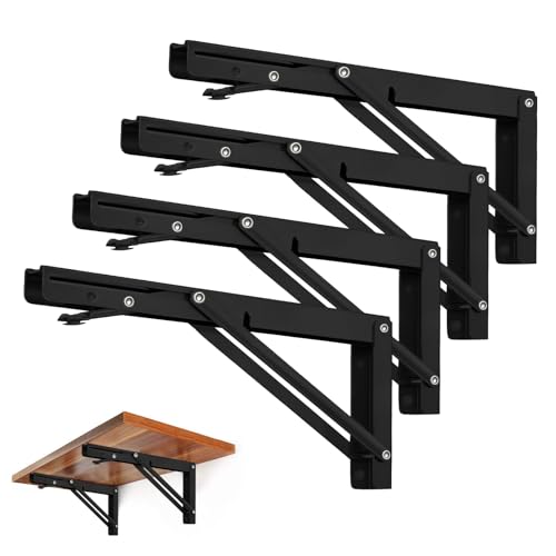 Image of Storystore Folding Shelf Brackets - 10 Inch Heavy Duty Metal Collapsible Shelf Bracket for Bench Table, Shelf Hinge Wall Mounted Space Saving DIY Bracket, Max Load: 150 lb (4 PCS, Black)