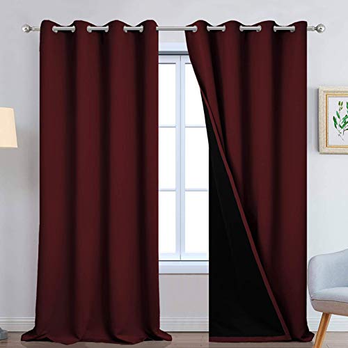 Image of Yakamok Burgundy Red Blackout Curtains 108 Inches Long for Bedroom 52 inch Wide | Blackout Curtain Panels for Bedroom, 2 Thick Layers Grommet Top Thermal Insulated Drapes with Black Liner for Living Room