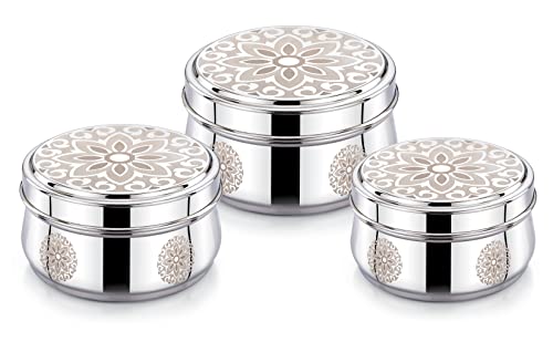 Image of Expresso Stainless Steel Multipurpose Set of 3 Laser Printed Lunch Box /Dabba Food Storage Containers Box Serving Set |,Size : 300ml, 450ml & 650ml