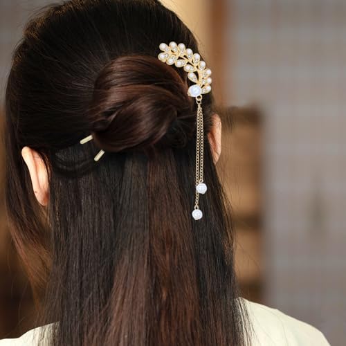 Lawie 6 Pieces Fancy Cute Flower Leaf Moon U Shaped Gold Metal Hair Fork Pins Wide Curved Chopsticks for Hair Sticks French Hair Pins Bun Decorative Accessories for Women Girls