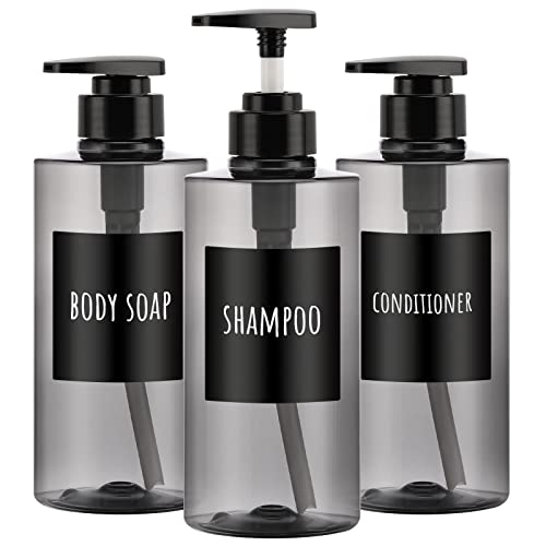 Image of Segbeauty Shower Bottles Refillable, 3pcs 16.9oz /500ml Liquid Dispenser with Labels, Empty Plastic Lotion Pump Press Bottles for Shampoo, Conditioner, Body Soap, Hand Soap, Bathroom, Hotel - Gray