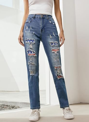 EVALESS Ripped Jeans for Women Plaid Patch Boyfriend Skinny Distressed Denim Jean Pants - Image 3