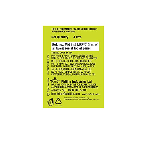 Image of Dr. Fixit RAINCOAT CLASSIC WHITE, External wall waterproofing, Coating, 1000+ unique shades, No dilution, 4 Litre, Single Coat Application, Elastomeric, 7 years waterproofing, Brush, Roller, Spray