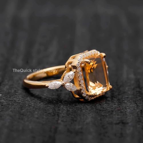 18K Yellow Gold Citrine Engagement Ring - Octagon Cut 3.20 Carat 10x8 MM - Genuine Moissanite - D Color (VVS1) Wedding Ring, Citrine Bridal Promise Ring for Women, Anniversary & Valentine Day Proposal Ring, November Birthstone Gifts {QS-CT-13}3