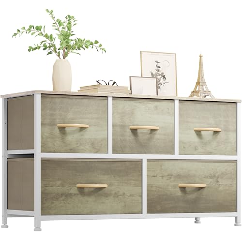 DWVO Wide Chest of Drawers, Dresser with 5 Drawers, Oak Grain Fabric Storage Tower, Dresser for Bedroom with 5 Drawers, Living Room, Closets - Sturdy Steel Frame, Wooden Top