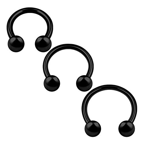 KJM FASHION 2995 Lot de 3 boucles d'oreilles en forme de fer à cheval anodisé Noir 1,6 mm 14 g 8 mm 10 mm 12 mm 4 mm Cover