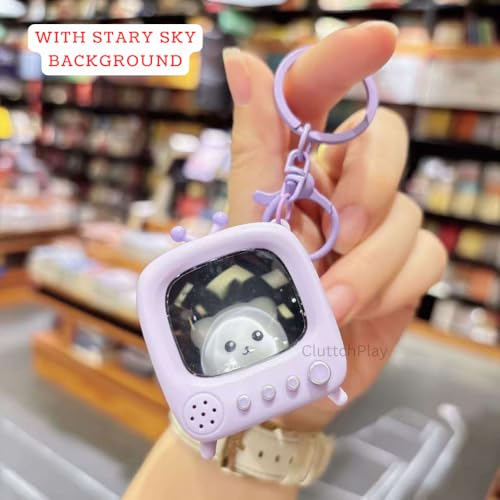 Image of Cute Retro TV Cat Keychain with LED Glowing Night Light Miniature Animated Doll Pendant Backpack Charm Cartoon Keyring Birthday Gift for Kids Friends (Mini TV)