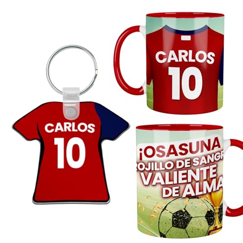 Kembilove® Pack Taza y Llavero Fútbol Osasuna Personalizados | Nombre y Número | Regalo Rojillo Original para Aficionados Niños y Adultos