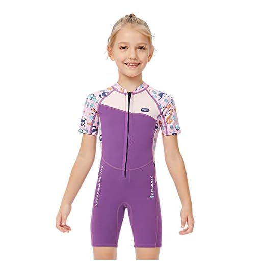 Mädchen 2.5mm Neoprenanzug Kinder Einteiler Tauchanzug Tropisch Violet Kurzarm Shorty Badeanzug Schnorchel One Piece Wetsuit S